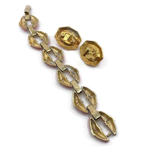 Donald Stannard Bracelet and Earring Set Gold with Coral Enamel and Faux Pearl, - Picture 6 of 10